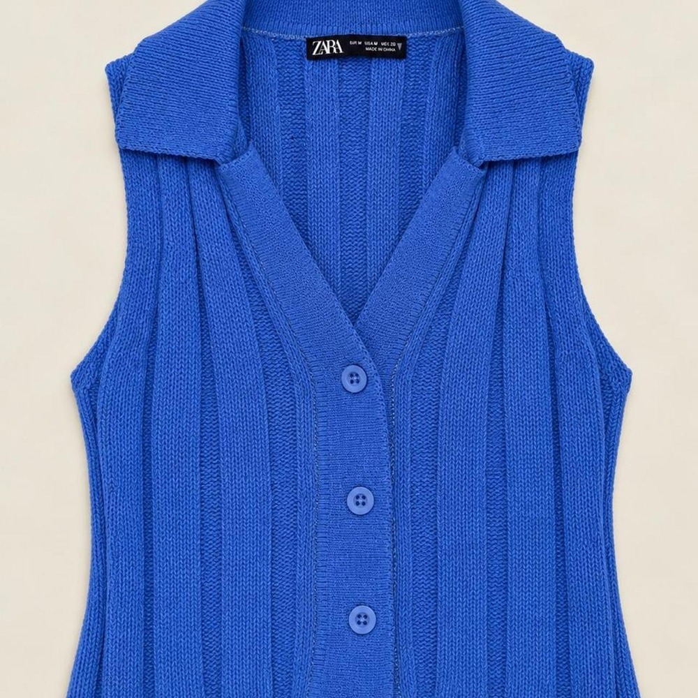 Zara Blue Ribbed Knit Button Vest — Size Medium